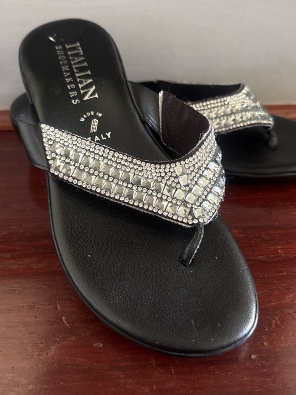 Italian Shoemakers Black Jeweled Thong Sandals with Crystal Straps